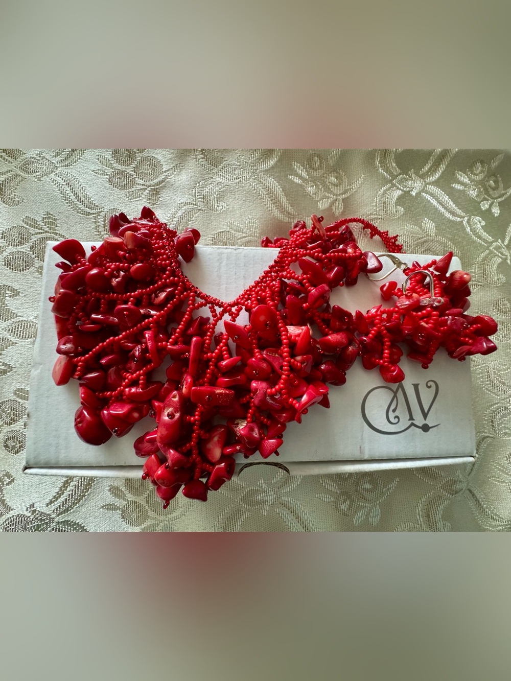 Handcrafted Red Natural Coral Statement Necklace and Earrings Set - Picture 2 of 4